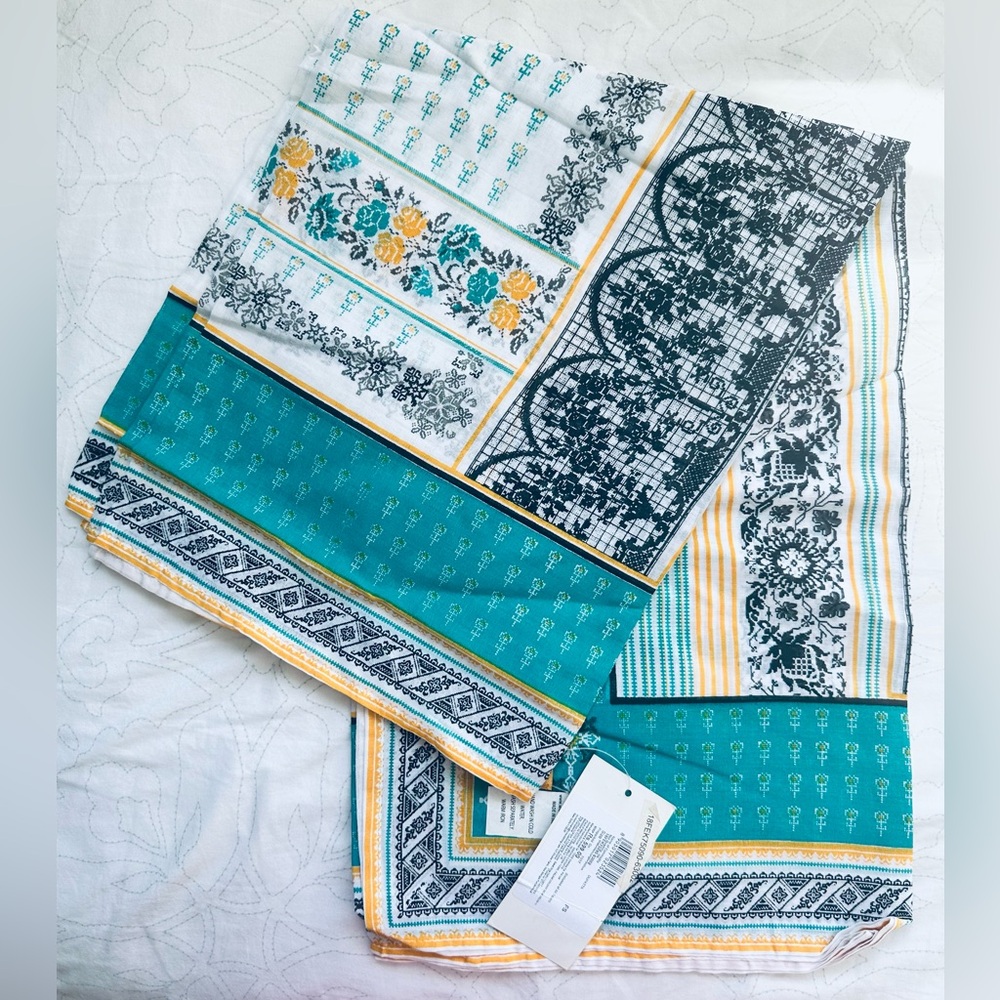 Teal, yellow and Black Patterned cotton Scarf